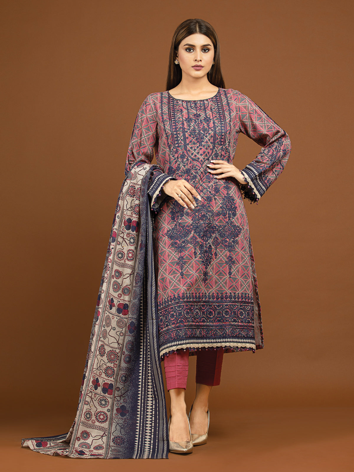 Edenrobe - EWU22V11-25024S Unstitched Pink Embroidered Khaddar 1 Piece