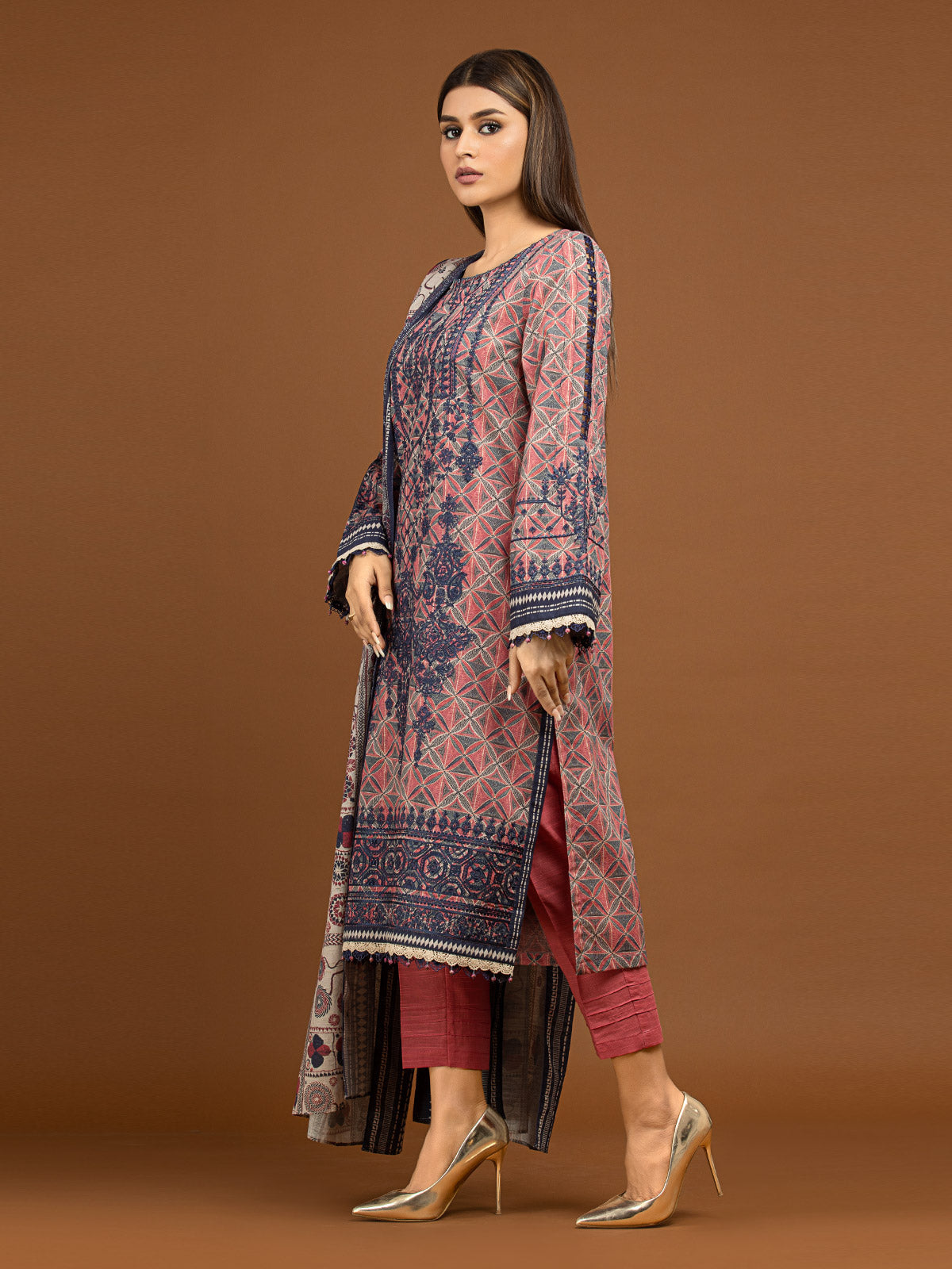 Edenrobe - EWU22V11-25024XXL Unstitched Pink Embroidered Khaddar 3 Piece