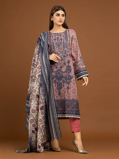 Edenrobe - EWU22V11-25024XXL Unstitched Pink Embroidered Khaddar 3 Piece