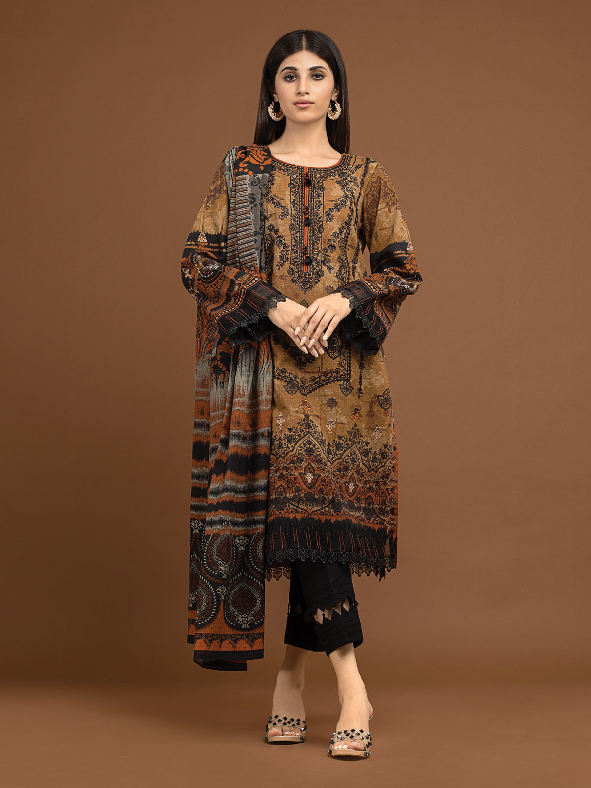 Edenrobe - EWU22V11-25027XXL Unstitched Brown Embroidered Khaddar 3 Piece