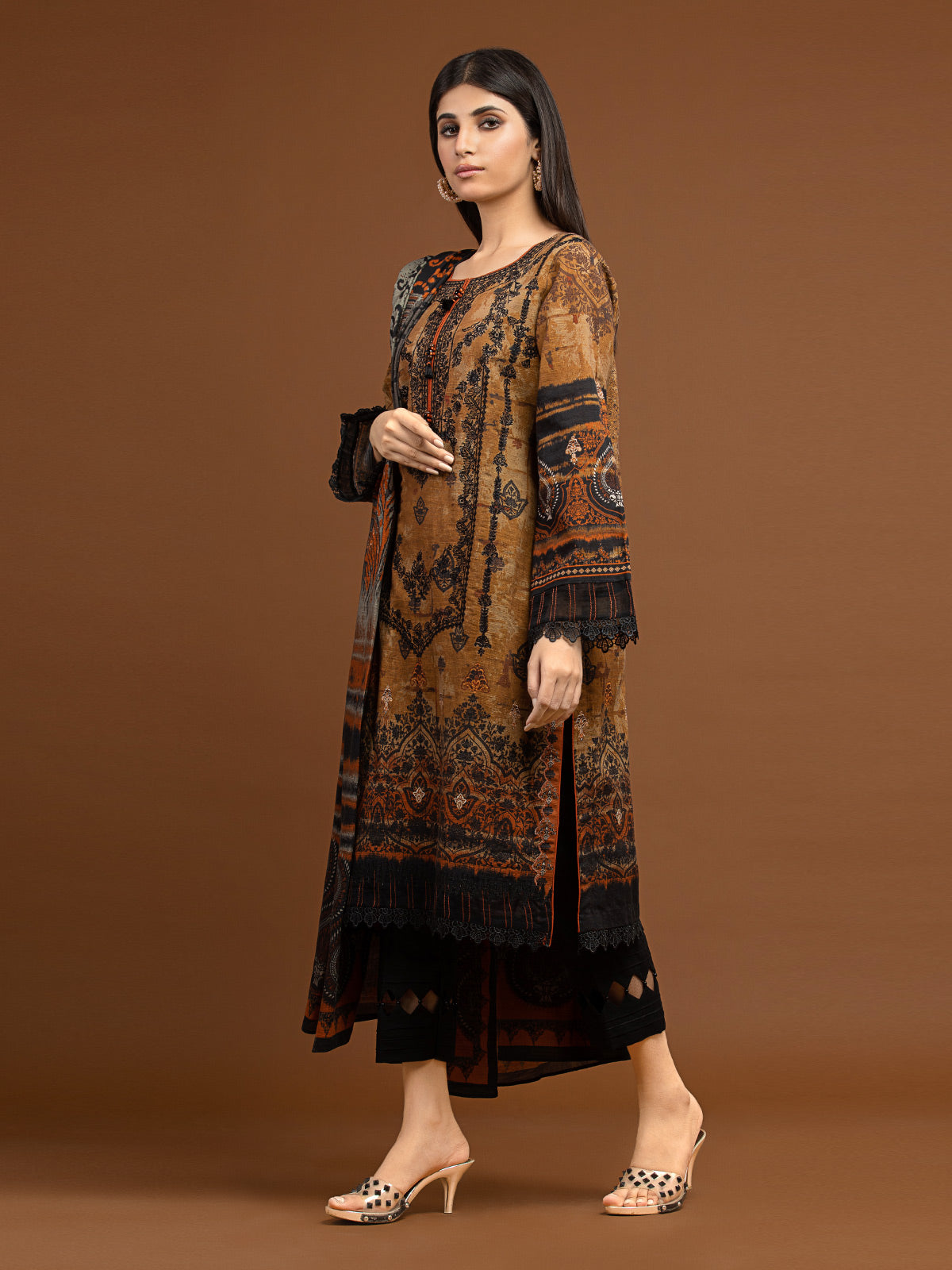 Edenrobe - EWU22V11-25027XXL Unstitched Brown Embroidered Khaddar 3 Piece