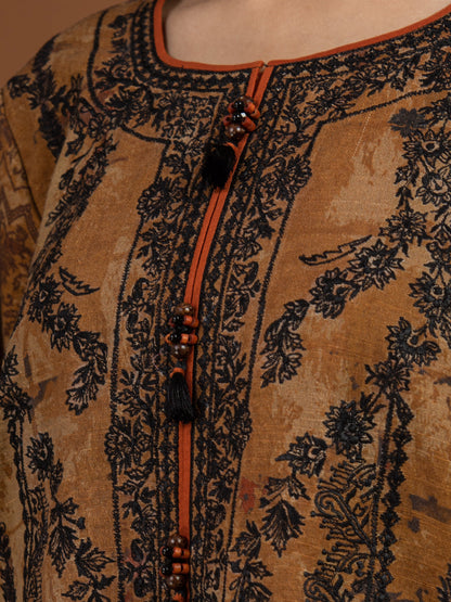 Edenrobe - EWU22V11-25027XXL Unstitched Brown Embroidered Khaddar 3 Piece