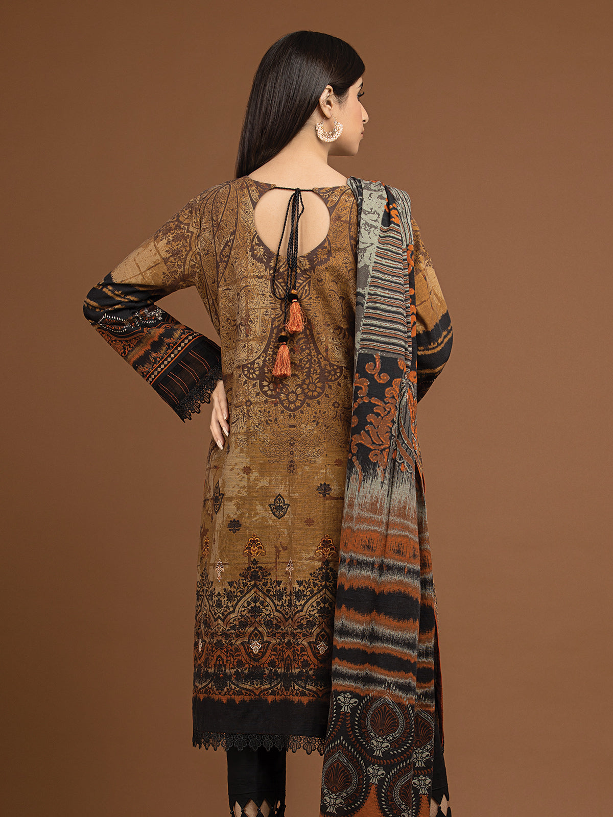 Edenrobe - EWU22V11-25027XXL Unstitched Brown Embroidered Khaddar 3 Piece