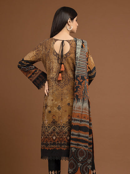 Edenrobe - EWU22V11-25027XXL Unstitched Brown Embroidered Khaddar 3 Piece