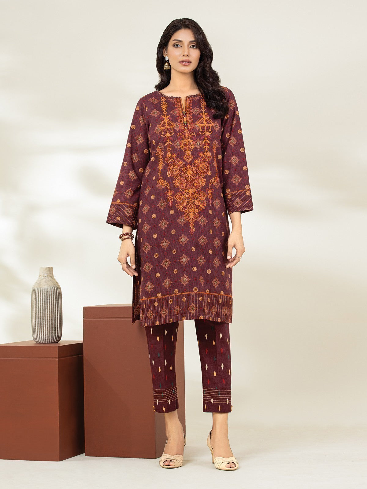 Edenrobe - EWU22V11-25030 Unstitched Dark Maroon Embroidered Khaddar 2 Piece
