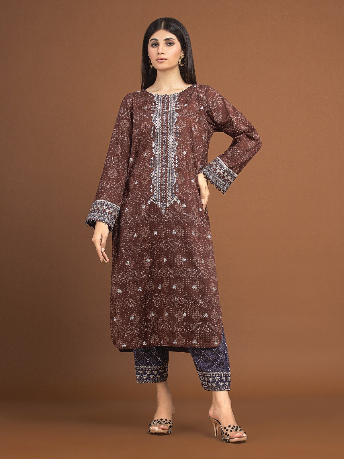 Edenrobe - EWU22V11-25038 Unstitched Brown Embroidered Khaddar 2 Piece