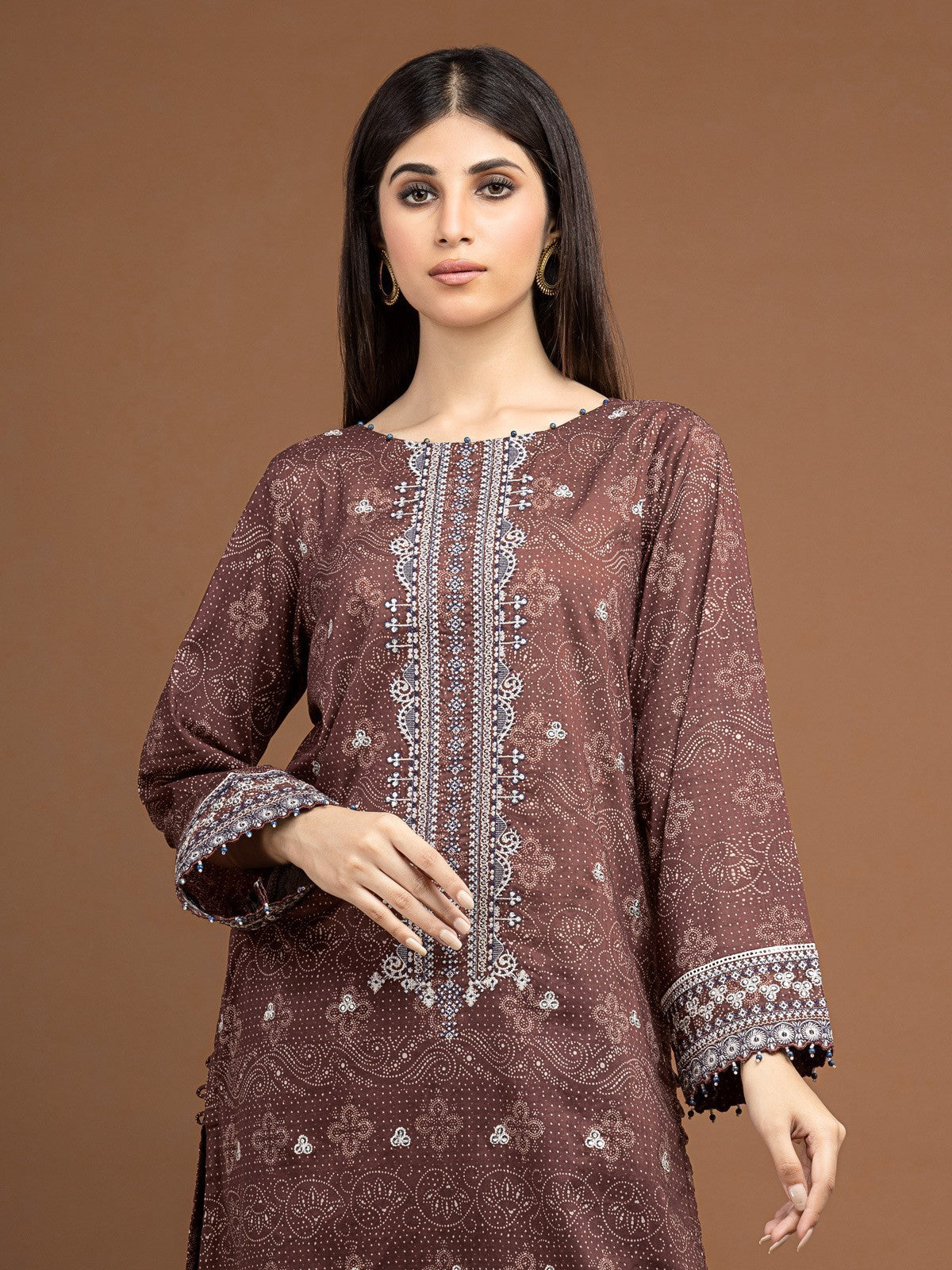 Edenrobe - EWU22V11-25038 Unstitched Brown Embroidered Khaddar 2 Piece