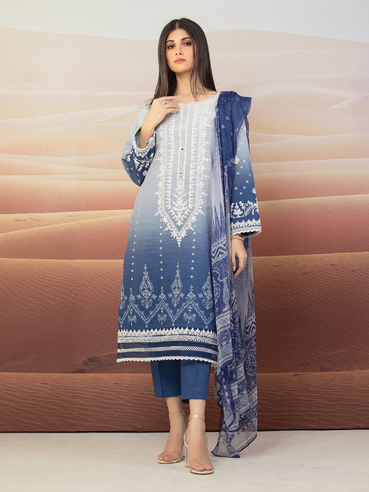 Edenrobe - EWU22V12-25007XXL Unstitched Blue Embroidered Khaddar 3 Piece