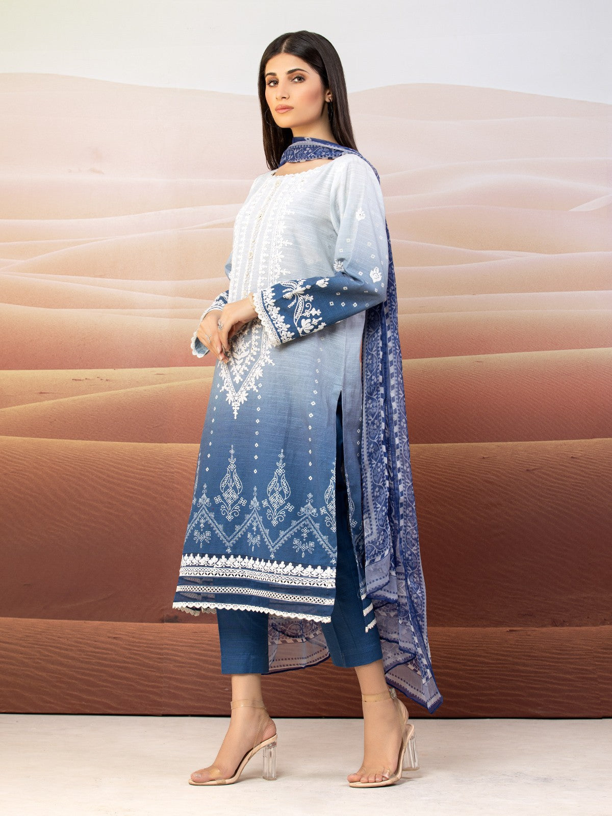 Edenrobe - EWU22V12-25007XXL Unstitched Blue Embroidered Khaddar 3 Piece