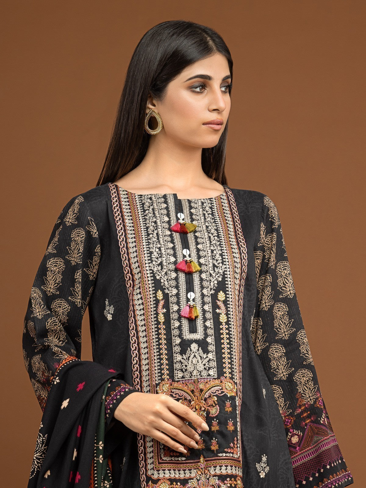 Edenrobe - EWU22V13-24035 Unstitched Charcoal Embroidered Viscose 3 Piece