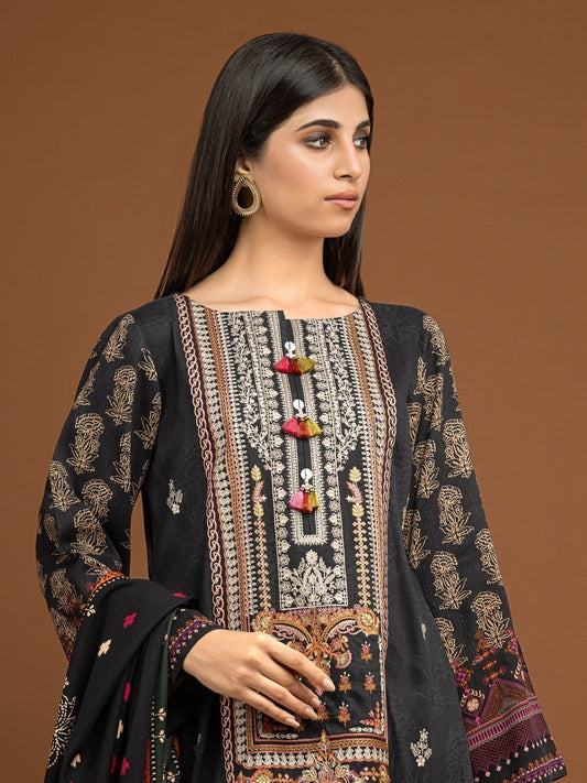 Edenrobe - EWU22V13-24035ST Unstitched Charcoal Embroidered Viscose 2 Piece