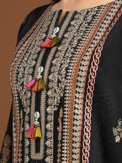 Edenrobe - EWU22V13-24035 Unstitched Charcoal Embroidered Viscose 3 Piece