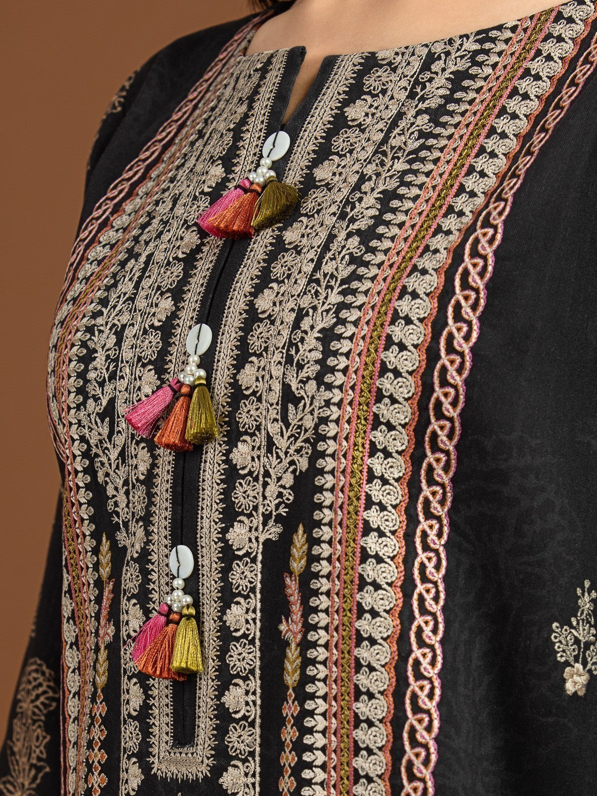 Edenrobe - EWU22V13-24035ST Unstitched Charcoal Embroidered Viscose 2 Piece