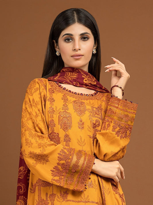 Edenrobe - EWU22V13-24037XXL Unstitched Golden Embroidered Viscose 3 Piece
