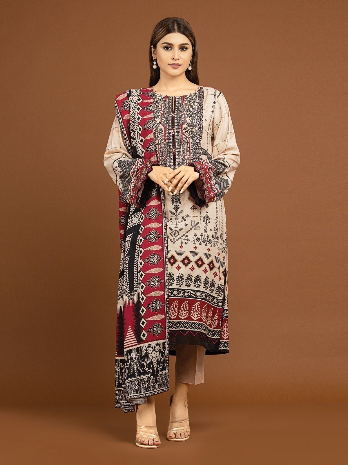 Edenrobe - EWU22V13-24045 Unstitched Light Peach Embroidered Viscose 3 Piece