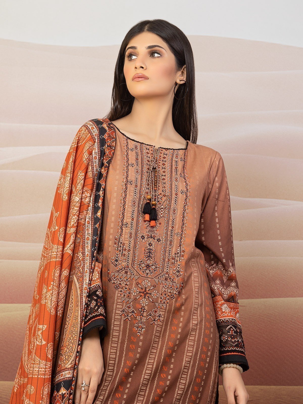 Edenrobe - EWU22V13-24046XXL Unstitched Light Brown Embroidered Viscose 3 Piece