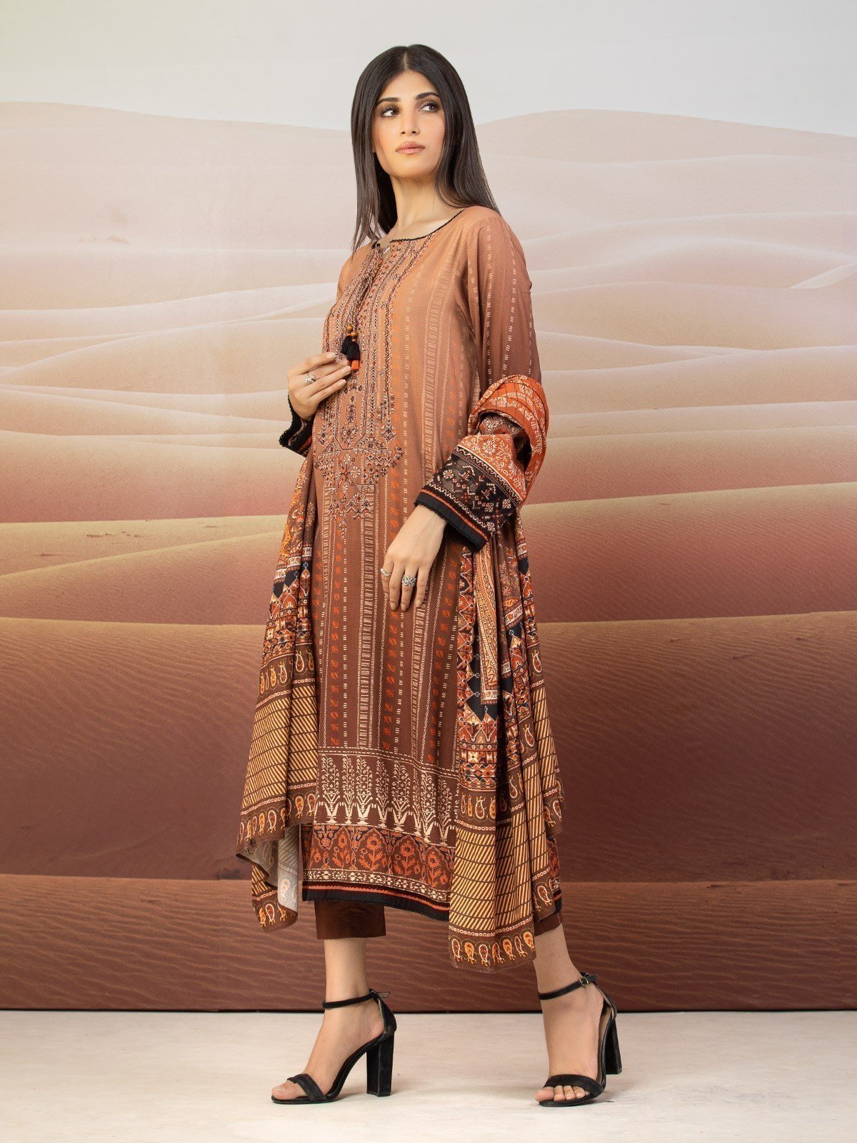 Edenrobe - EWU22V13-24046XXL Unstitched Light Brown Embroidered Viscose 3 Piece