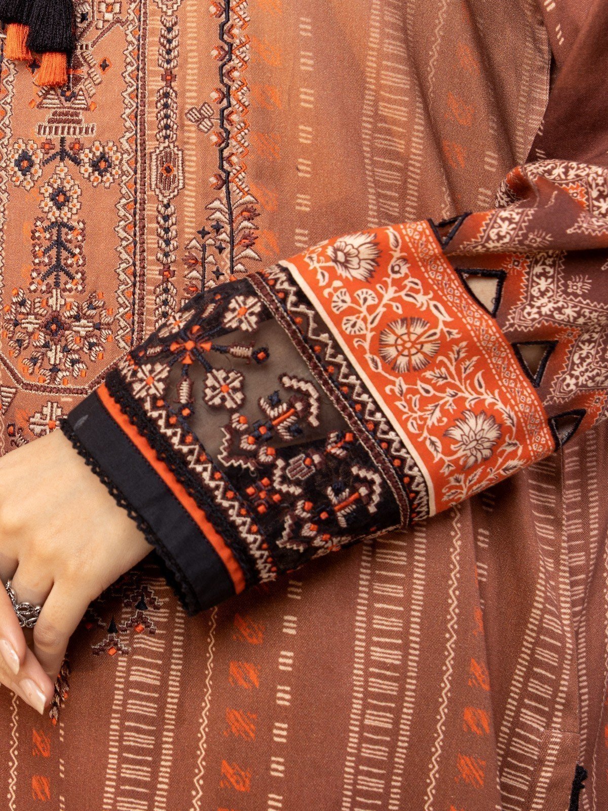 Edenrobe - EWU22V13-24046XXL Unstitched Light Brown Embroidered Viscose 3 Piece