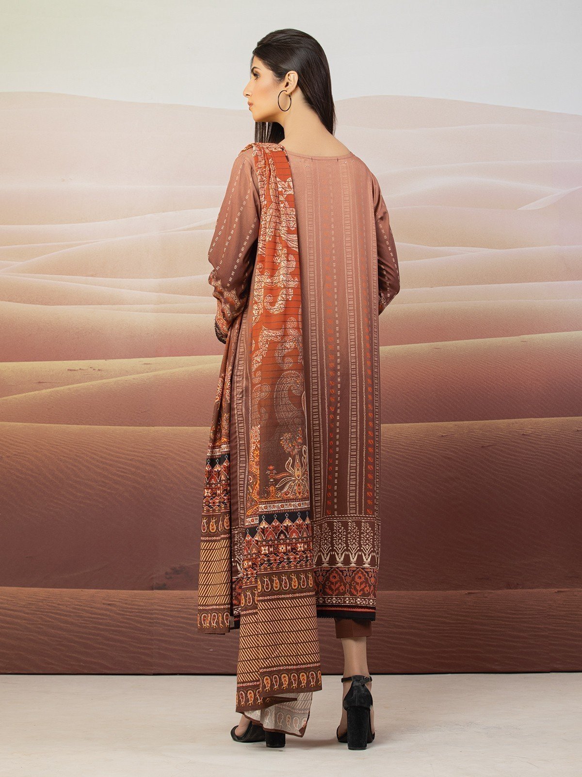 Edenrobe - EWU22V13-24046XXL Unstitched Light Brown Embroidered Viscose 3 Piece