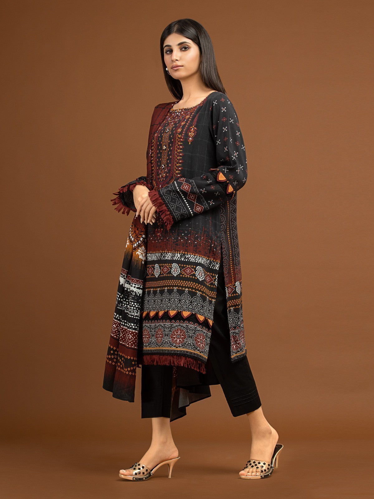 Edenrobe - EWU22V13-24048XXL Unstitched Black Embroidered Viscose 3 Piece