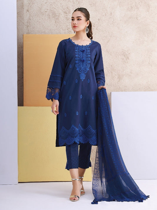 Edenrobe - EWU22V2-21133SD Unstitched Navy Blue Embroidered Cambric 2 Piece