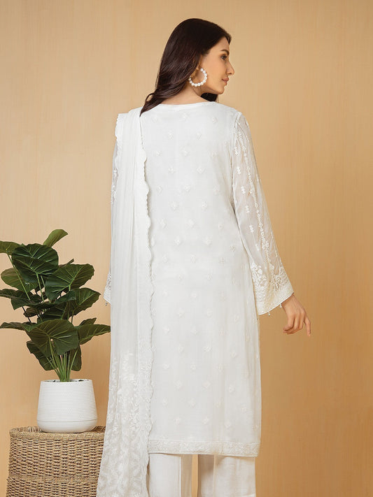 Edenrobe - EWU22V5-23591ST Unstitched White Embroidered Chiffon 2 Piece