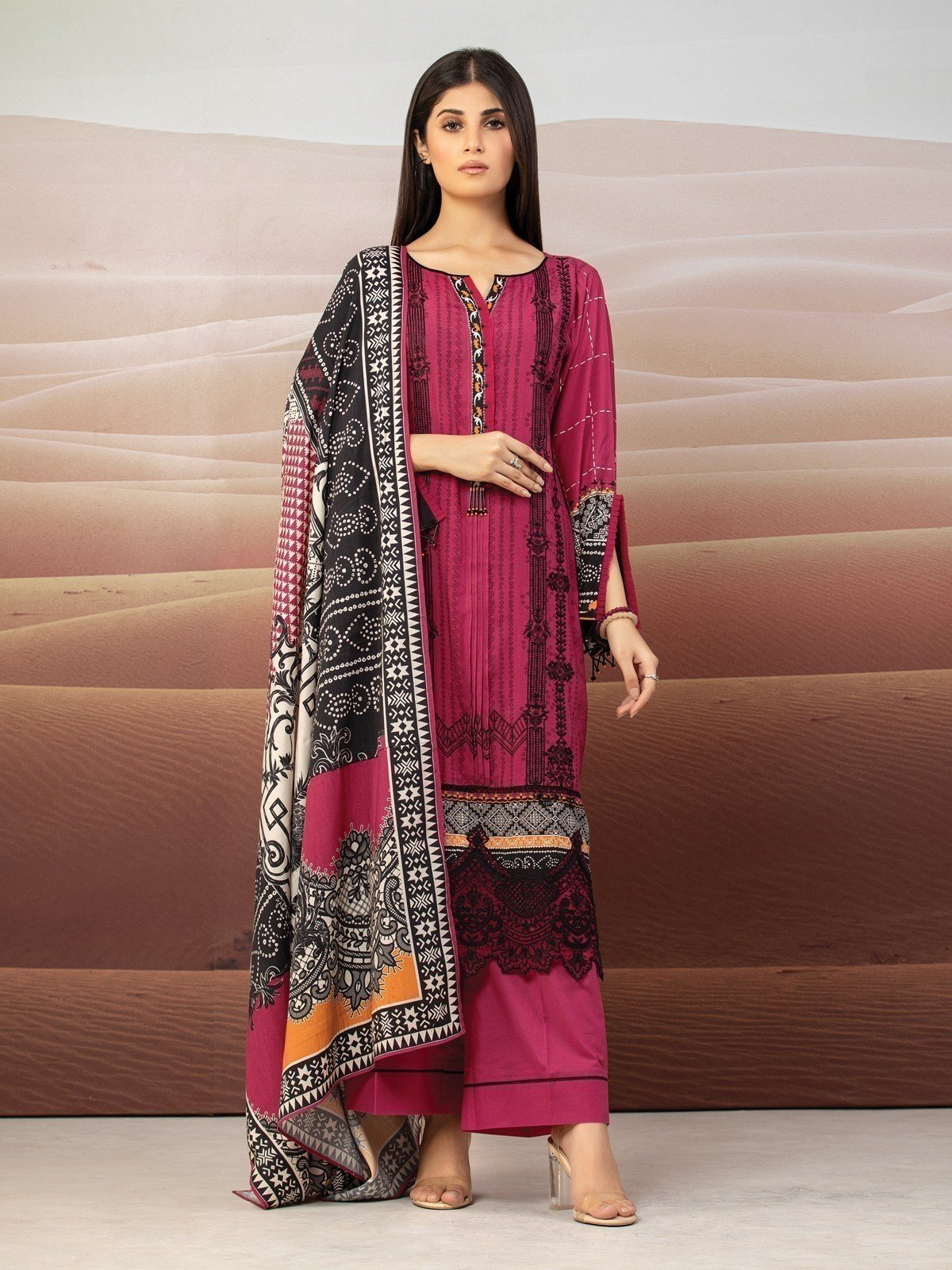 Edenrobe - EWU22V8-25002ST Unstitched Pink Embroidered Cottel 2 Piece