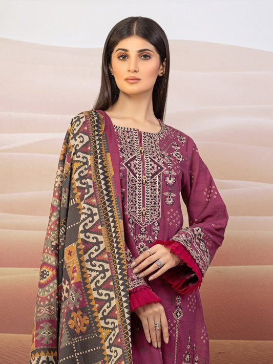 Edenrobe - EWU22V8-25004 Unstitched Magenta Embroidered Cottel 3 Piece