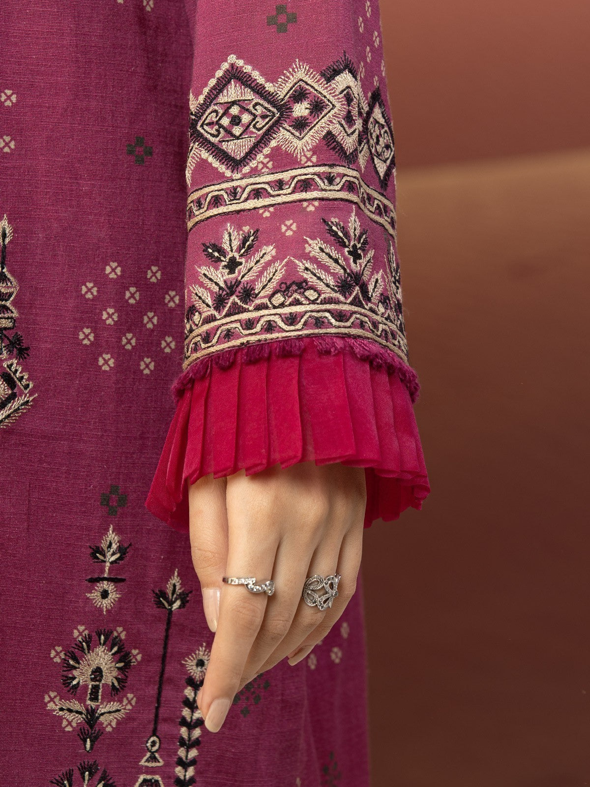 Edenrobe - EWU22V8-25004ST Unstitched Magenta Embroidered Cottel 2 Piece