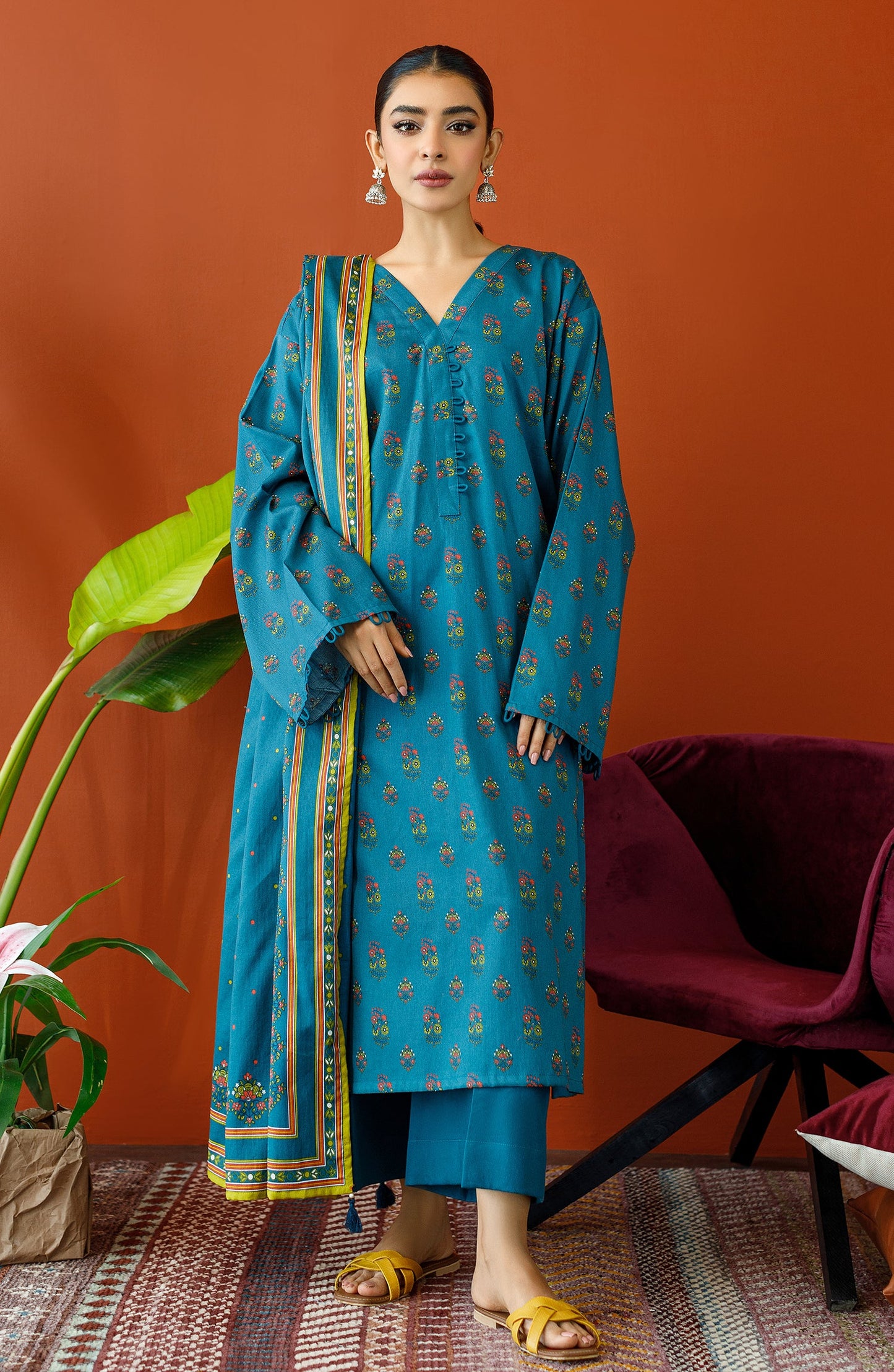Orient - Unstitched 3 Piece Printed Cottel Shirt , Cottel Pant and Cottel Dupatta