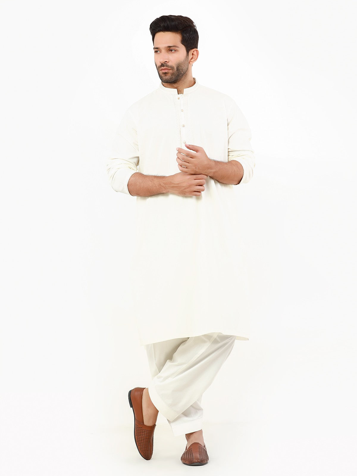 Edenrobe - Men's Cream Kurta Shalwar - EMTKS22-40970