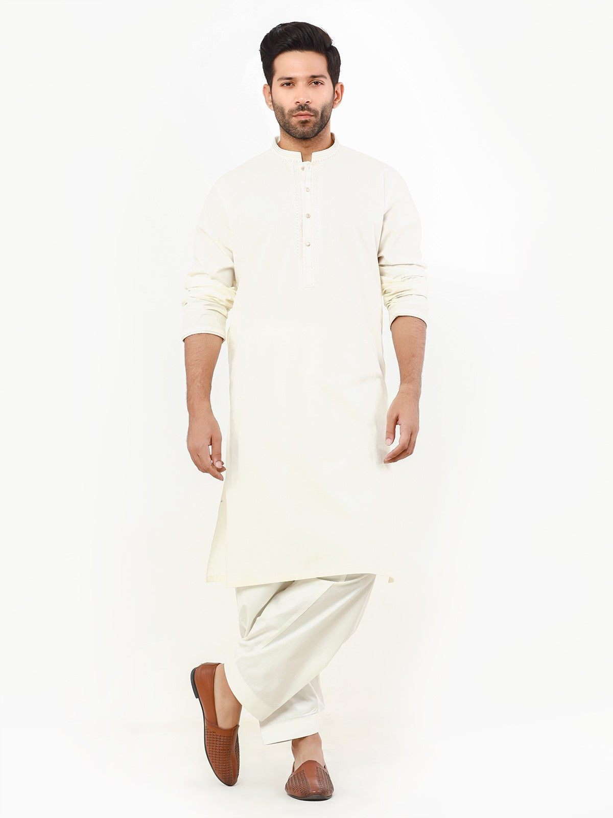 Edenrobe - Men's Cream Kurta Shalwar - EMTKS22-40970