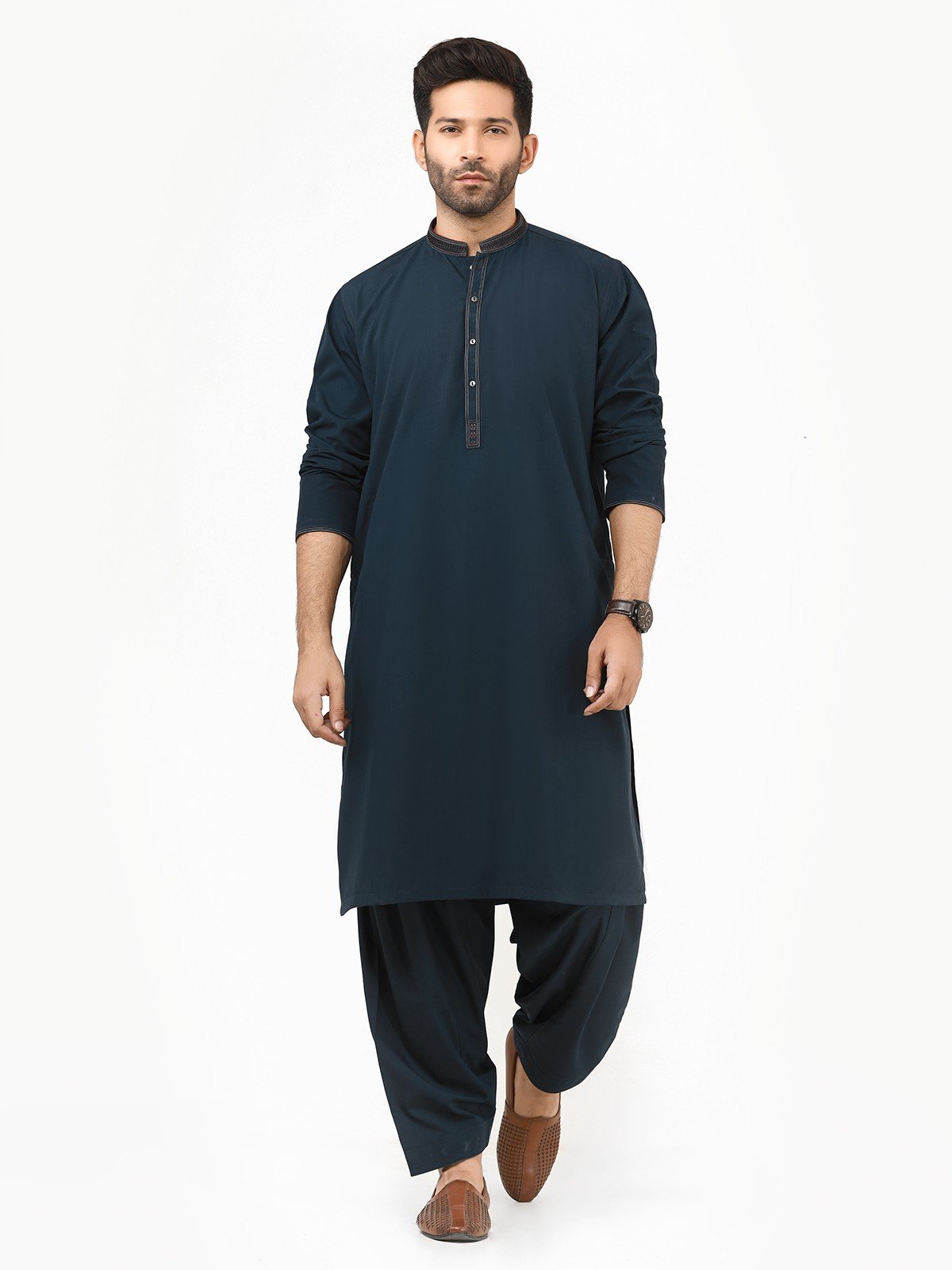 Edenrobe - Men's Dark Teal Kurta Shalwar - EMTKS22S-40963