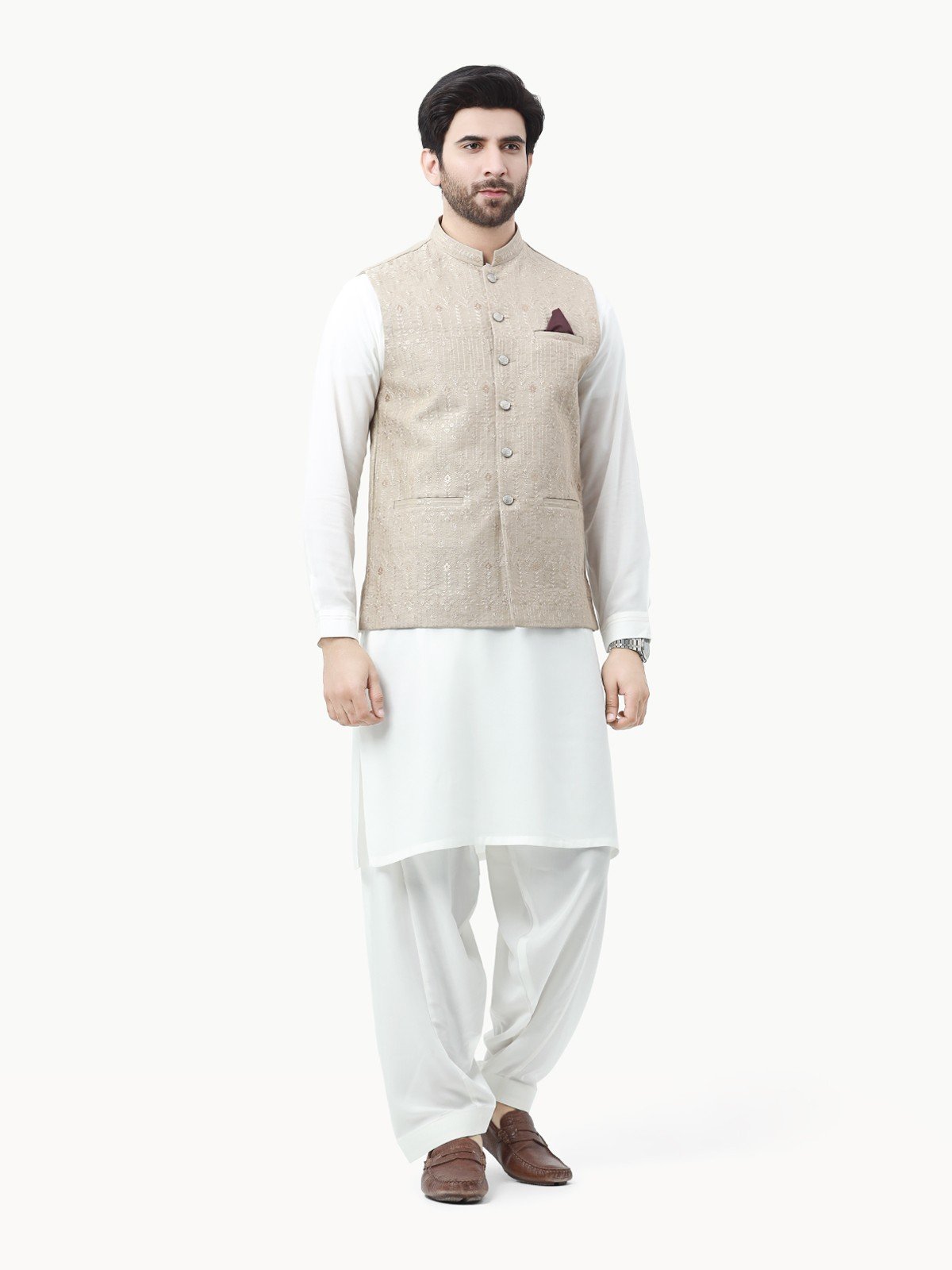 Edenrobe - Men's Beige Waist Coat Ceremonial - EMTWCC22-133