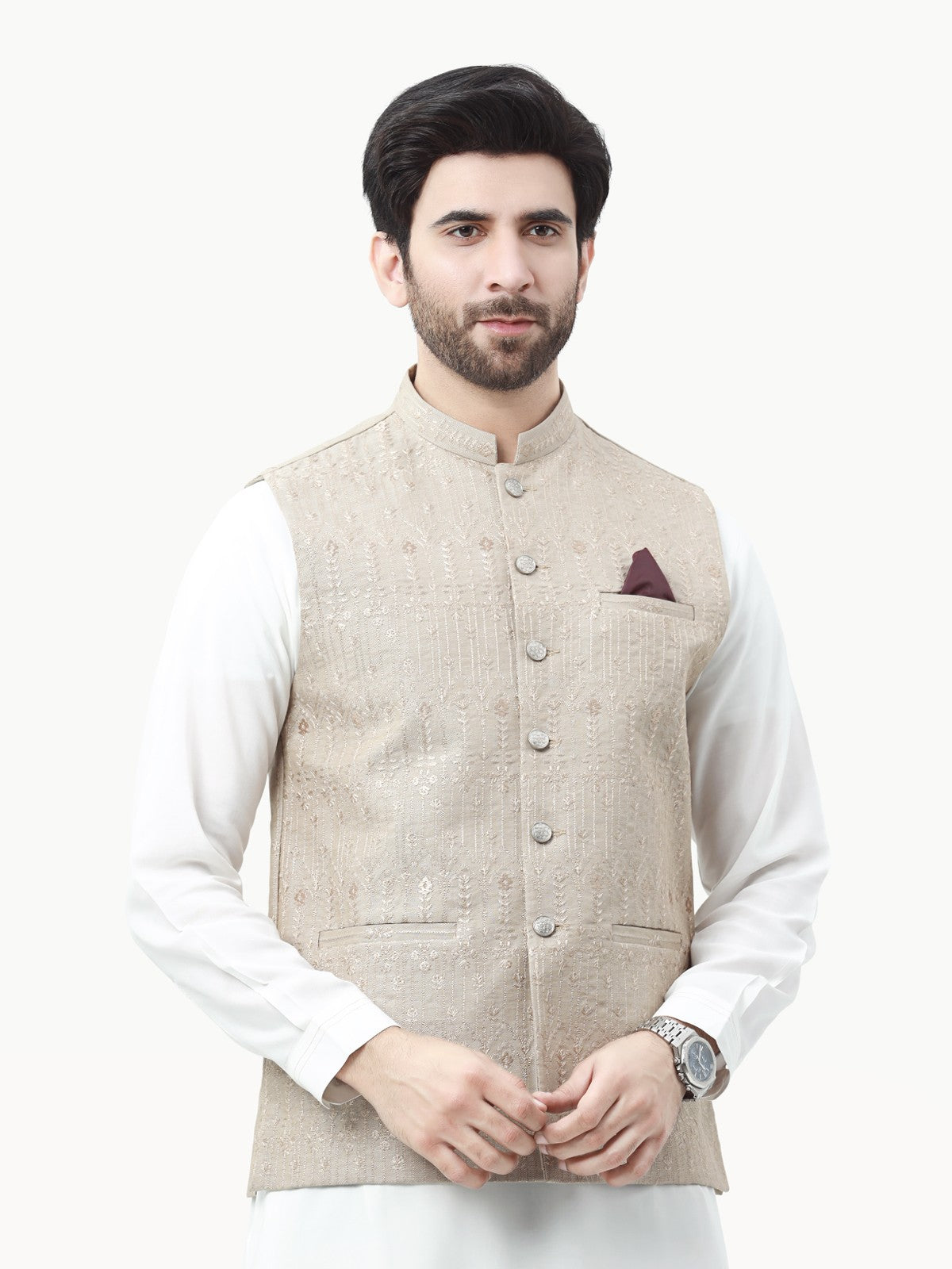 Edenrobe - Men's Beige Waist Coat Ceremonial - EMTWCC22-133