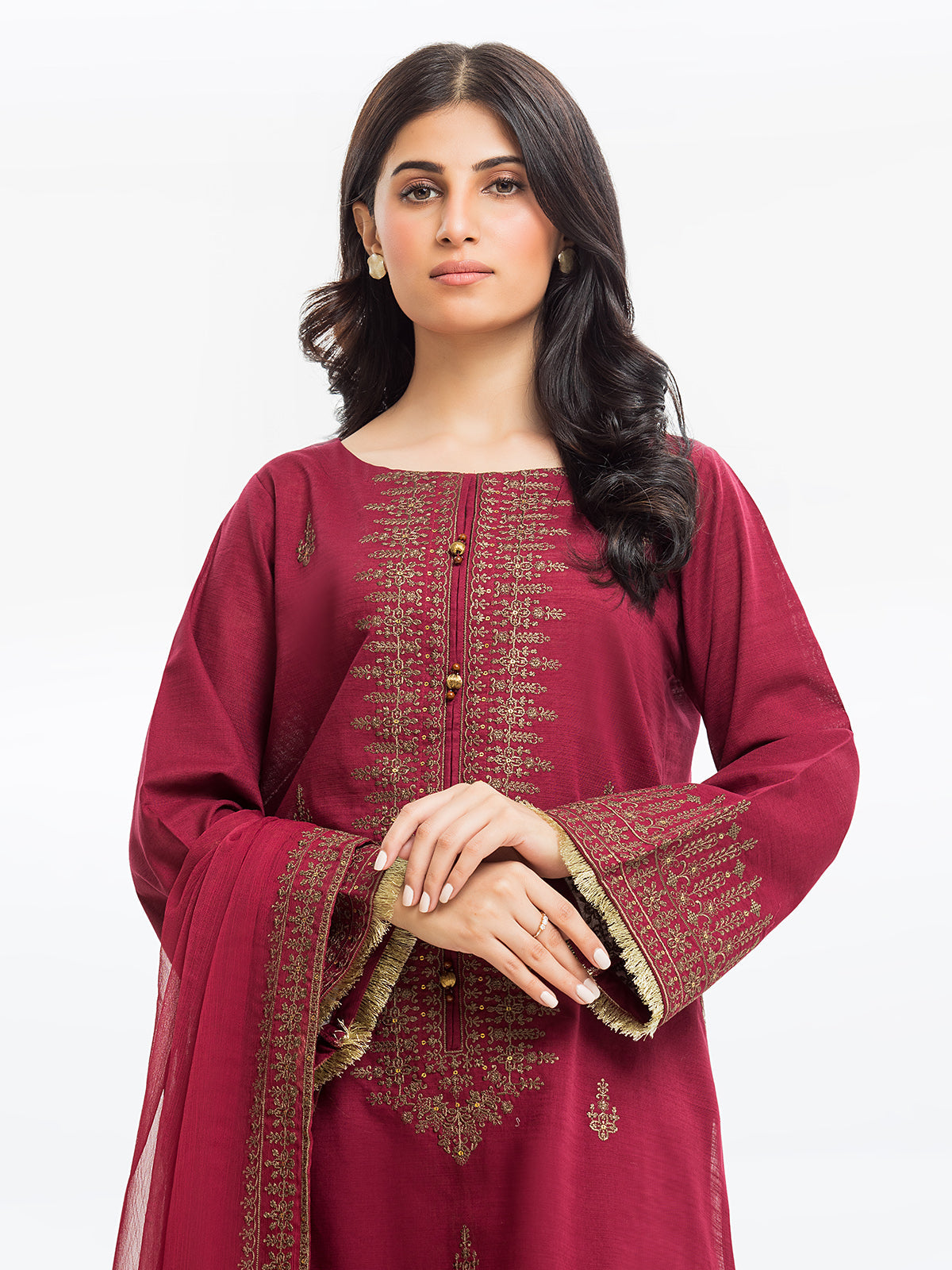 Edenrobe - Pret 3Pc Embroidered Raw Silk Suit - EWTKE23-68765-3P