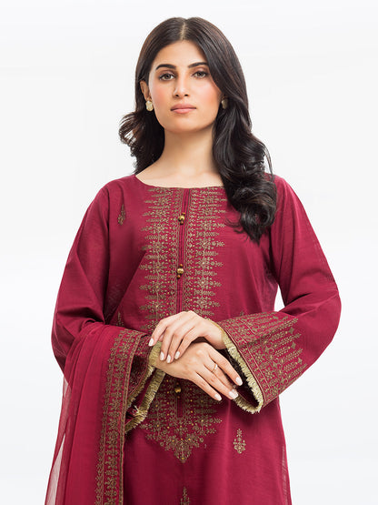 Edenrobe - Pret 3Pc Embroidered Raw Silk Suit - EWTKE23-68765-3P