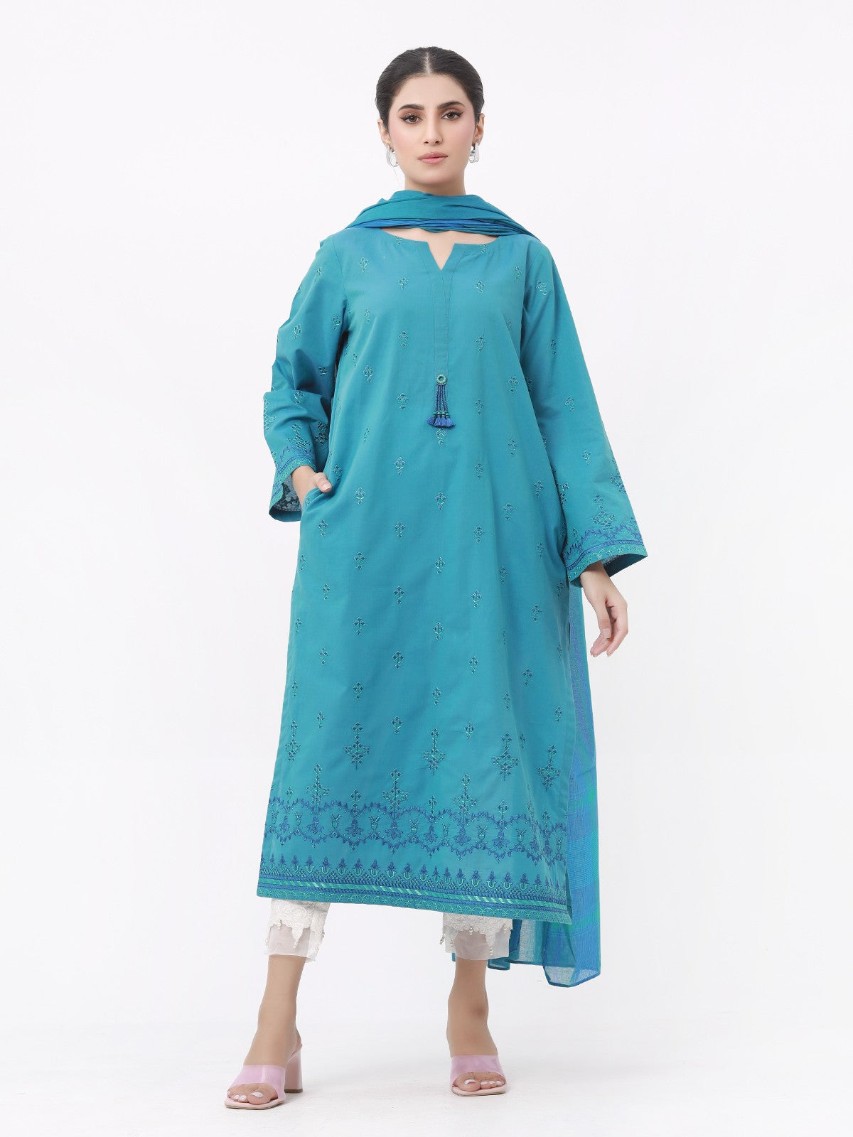 Edenrobe - Pret 2Pc Embroidered Cotton Shirt Dupatta - EWTKE23-69318SD