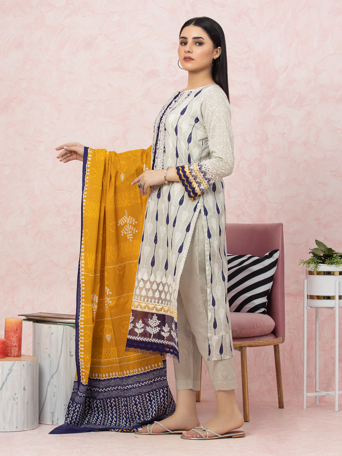 Edenrobe - EWU22V1-26603ST Unstitched Light Beige Embroidered Lawn 2 Piece