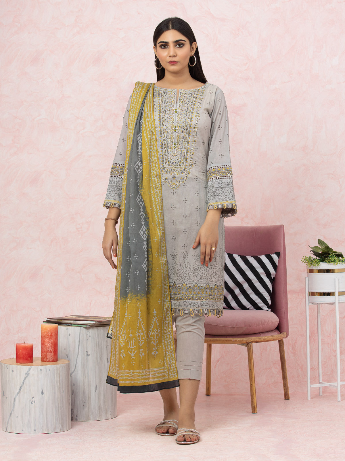 Edenrobe - EWU22V1-26615ST Unstitched Light Grey Embroidered Lawn 2 Piece