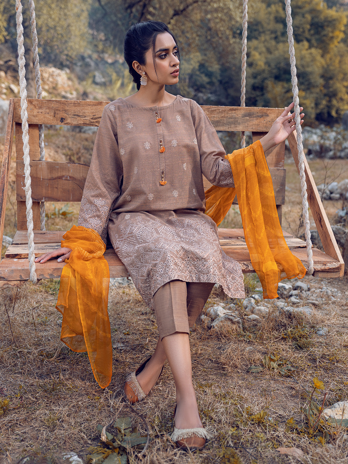 Edenrobe - EWU22V12-25008SD Unstitched Fawn Embroidered Khaddar 2 Piece