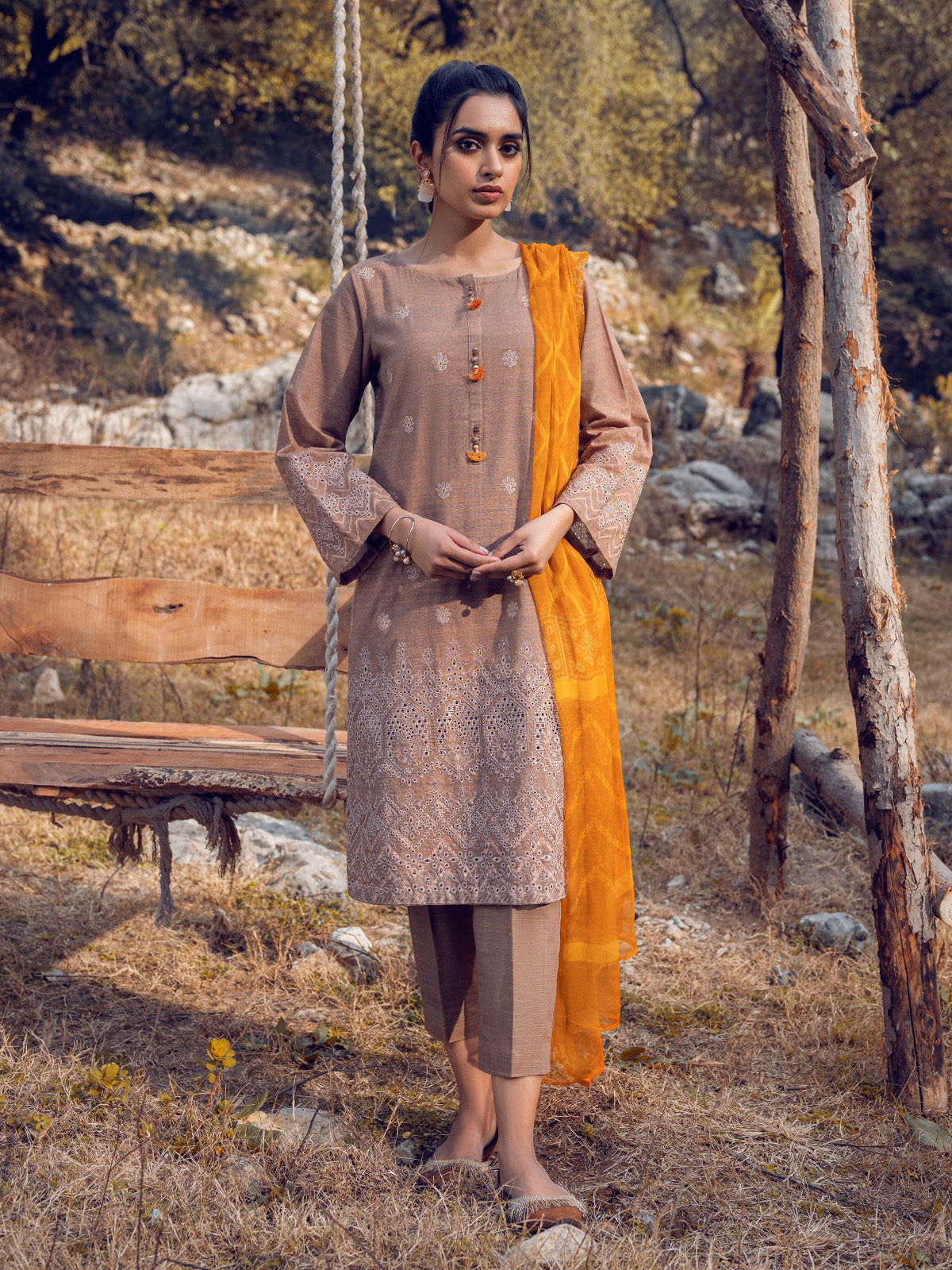 Edenrobe - EWU22V12-25008 Unstitched Fawn Embroidered Khaddar 3 Piece