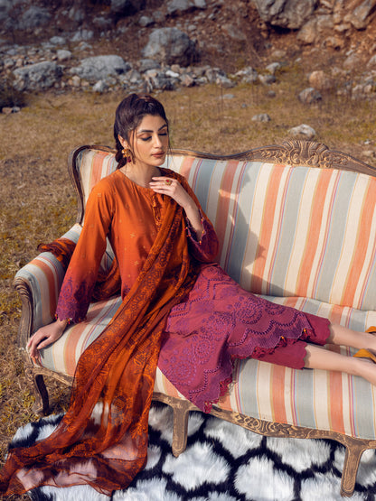Edenrobe - EWU22V12-25012 Unstitched Rust & Maroon Embroidered Khaddar 3 Piece