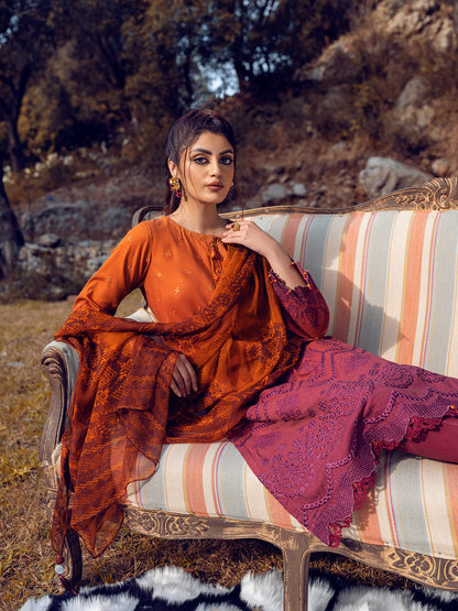 Edenrobe - EWU22V12-25012 Unstitched Rust & Maroon Embroidered Khaddar 3 Piece