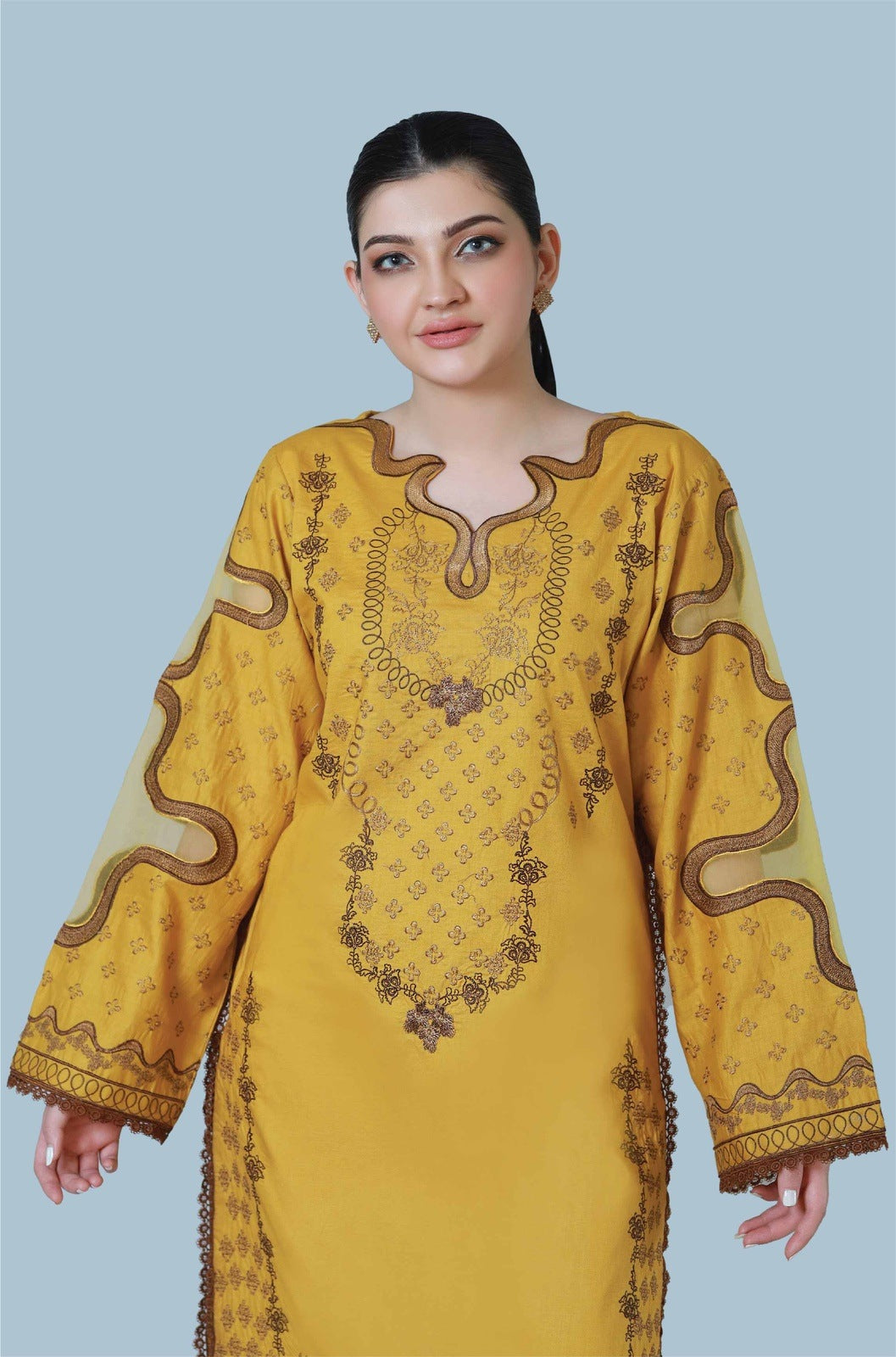 Bareeq Outfits - Mustard Muse 3 Piece Embroidered Stitched Suit