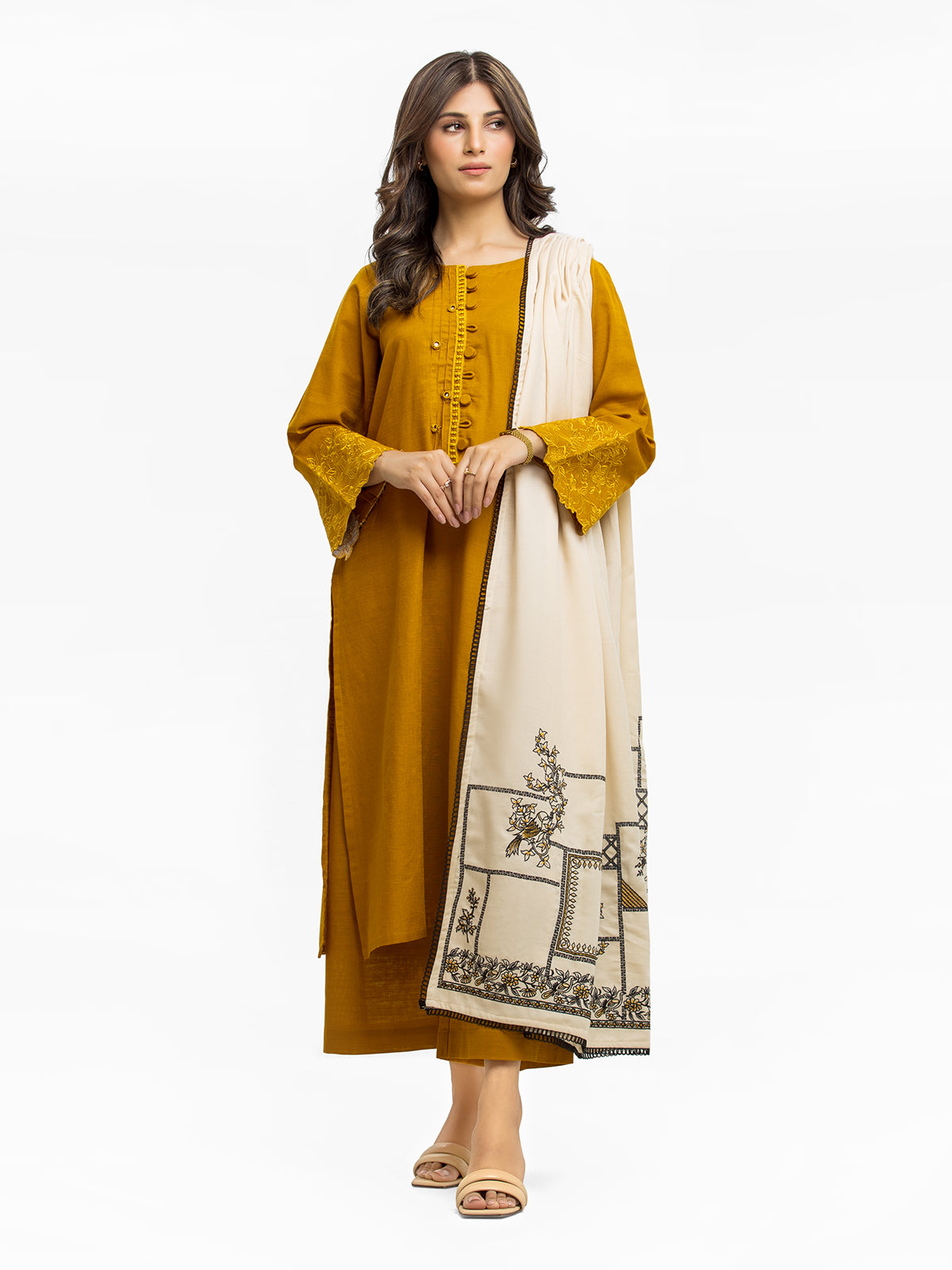 Edenrobe - Pret 3Pc Embroidered Khaddar Suit - EWTKE23-68777-3P