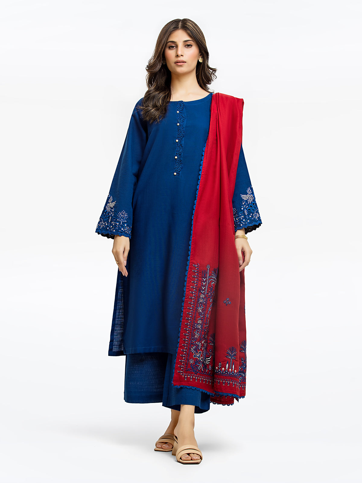Edenrobe - Pret 3Pc Embroidered Khaddar Suit - EWTKE23-68800-3P
