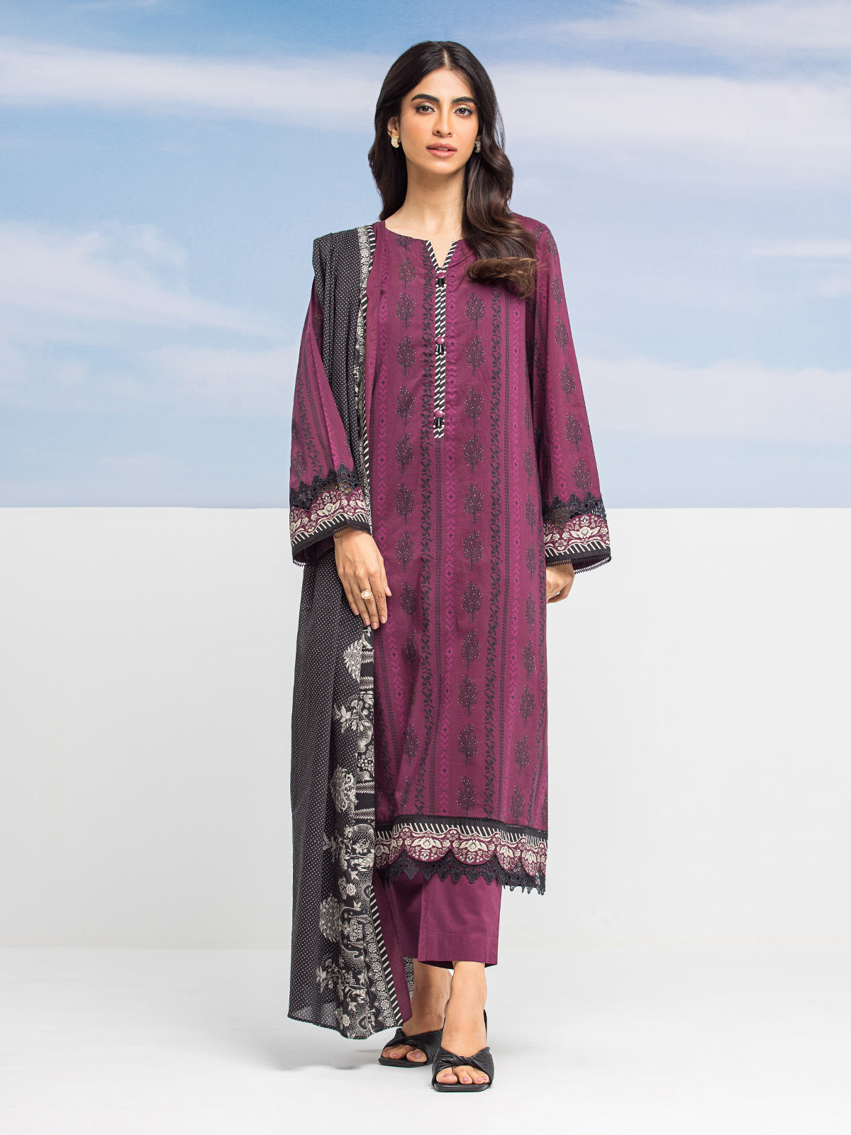 Edenrobe - EWU24A1-28019-3P Unstitched Dark Purple Printed Lawn 3 Piece
