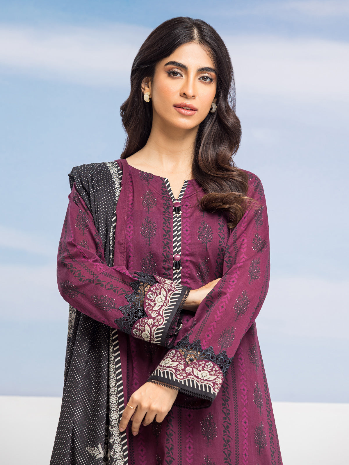 Edenrobe - EWU24A1-28019-3P Unstitched Dark Purple Printed Lawn 3 Piece