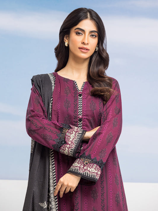 Edenrobe - EWU24A1-28019-3P Unstitched Dark Purple Printed Lawn 3 Piece